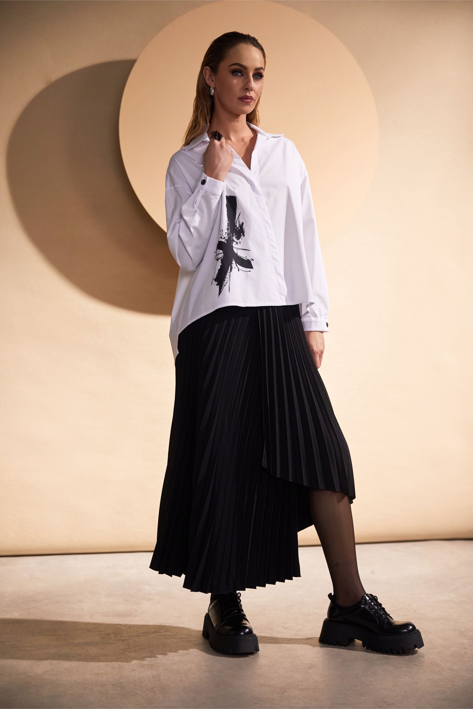 Pleated skirt with white shirt best sale